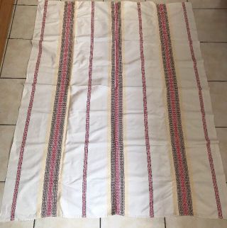 Vintage Raw Linen Tablecloth Machine Embroidery Geometric Stripe Red Yellow Blue 5