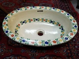 Rare Antique Vintage Floral Porcelain Ceramic Bathroom Sink