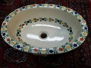 Rare Antique Vintage Floral Porcelain Ceramic Bathroom Sink 5