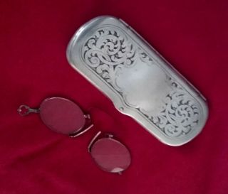 Antique Pince Nez Eyeglasses In Embossed Case