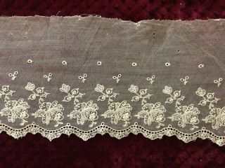 Antique French Lace Edging - Embroidery On Tulle - Floral Design 1.  5 Yard By 5 "