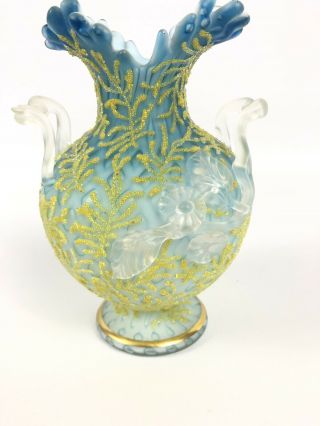 Rare Victorian Satin Art Glass Vase With Coraline Blue Gilt Antique