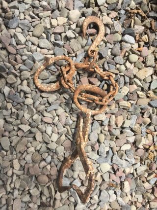 Antique Forged Iron Tongs With Chain Primitive Tools