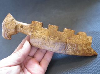 Antique Chinese Hongshan Culture Old Jade Hand - Carved Bird Head Knife 420g