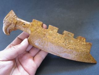 Antique Chinese Hongshan Culture Old Jade Hand - Carved Bird Head Knife 370g