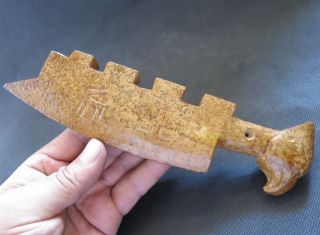 Antique Chinese Hongshan culture old Jade Hand - carved bird head knife 370g 4