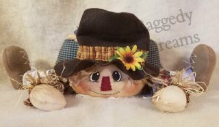 Fall Decor - Handmade Primitive Raggedy Scarecrow Doll - Shelf Sitter 2 Raffia
