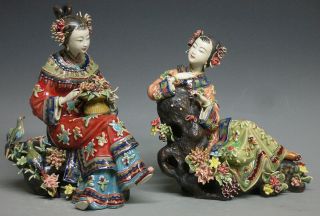 Shiwan Chinese Ceramic Lady Figurine Masterpiece Birds & Flowers Sisters Pair