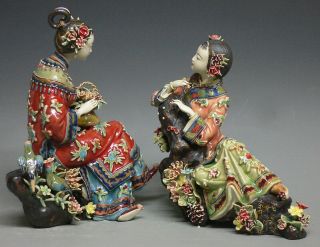 Shiwan Chinese Ceramic Lady Figurine Masterpiece Birds & Flowers Sisters PAIR 2