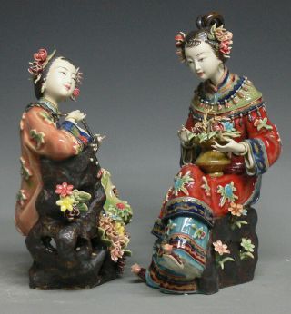 Shiwan Chinese Ceramic Lady Figurine Masterpiece Birds & Flowers Sisters PAIR 3