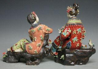 Shiwan Chinese Ceramic Lady Figurine Masterpiece Birds & Flowers Sisters PAIR 4