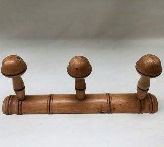 Antique French Bamboo Style Wooden Coat Or Hat Rack With 3 Turned Wooden Knobs