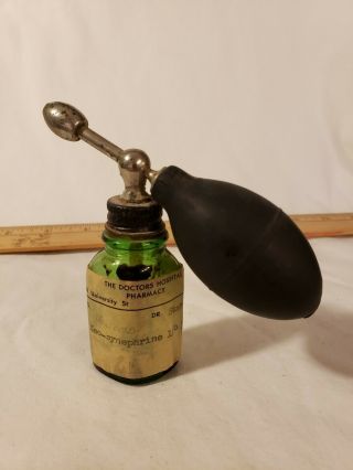 Antique Medical Device Nasal Atomizer On Rare Green Prescription Bottle