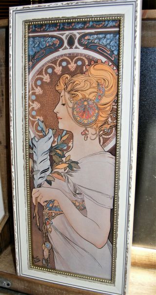 Alphonse Mucha Framed Lithograph Print Art Nouveau Lady W Flowers Picture Beauty