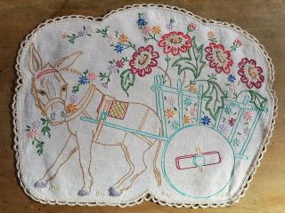 Mexican Donkey W Cart Of Flowers Vintage Hand Embroidered Large Centrepiece