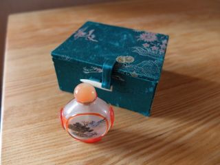 Chinese Glass Snuff Bottle,  Hand Painted Inside,  With Decorative Box.