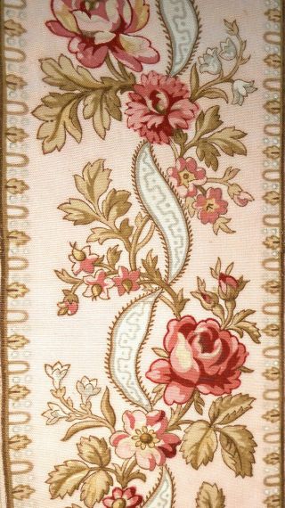 Antique French Floral Roses Garland Cotton Trim Fabric Rose Pink Olive