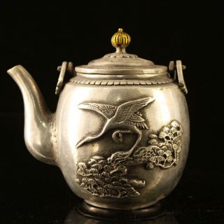 Chinese Old Copper Plating Silver Crane Statue Teapot /qianlong Mark D01e