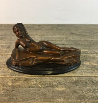 Art Deco Bronzed Plaster Figure Of Lounging Nude Lady On Wooden Base.