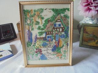 Vintage Framed Cottage Garden Embroidery With Back Stand