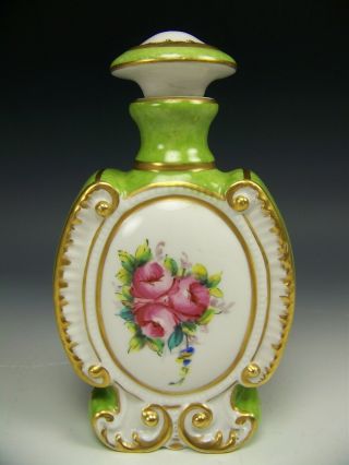 Antique Old Paris Hand Painted Roses Green Gold 7 " High Perfume Bottle