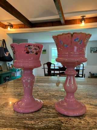 19th Century Victorian Pink Glass Mantle Lusters With Enamel Paint
