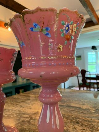 19th Century Victorian Pink Glass Mantle Lusters with Enamel Paint 2