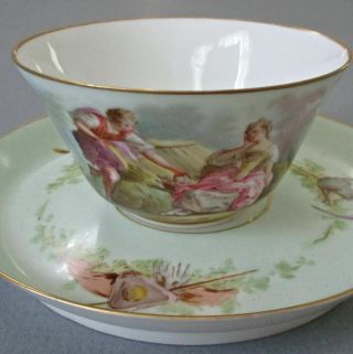 Antique C1900 Hp French Porcelain Cup,  Saucer Lovers,  Trophy Motifs Sevres