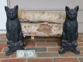 Vintage Heavy Cast Iron Figural Black Cat Fireplace Andirons