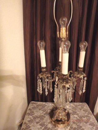 Vintage Brass Lead Crystal Table Lamp,  5 Light,  Lead Crystal Spear Prisms,