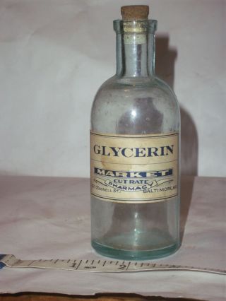 Rare baby blue glass applied top paper label Glycerin bottle.  Cut Rat Pharmacy 2