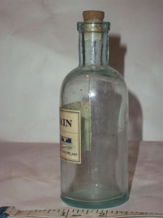 Rare baby blue glass applied top paper label Glycerin bottle.  Cut Rat Pharmacy 3