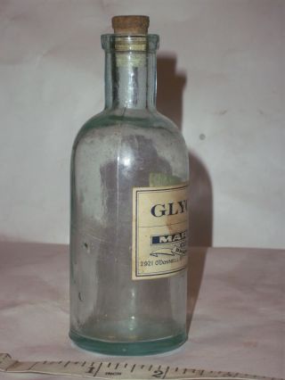 Rare baby blue glass applied top paper label Glycerin bottle.  Cut Rat Pharmacy 5