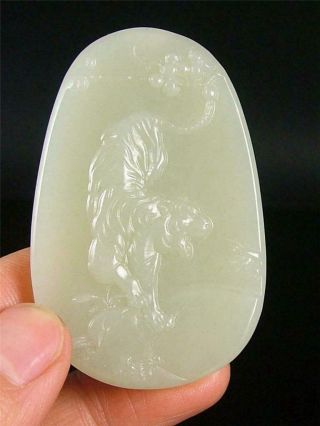 Old Chinese Nephrite Celadon Jade Carved Pendant Netsuke Powerful Tiger