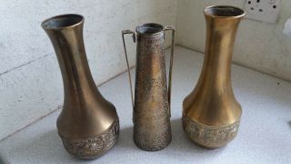 Pair Lovely Antique Wmf Brass Vases 1920s Art Nouveau & One Kinko