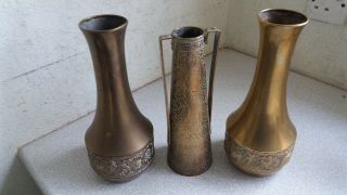 Pair lovely antique wmf brass vases 1920s art nouveau & one kinko 6