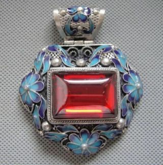 Chinese Silver & Enamel Carved Antique Flowers Mosaic Red Zircon Pendant