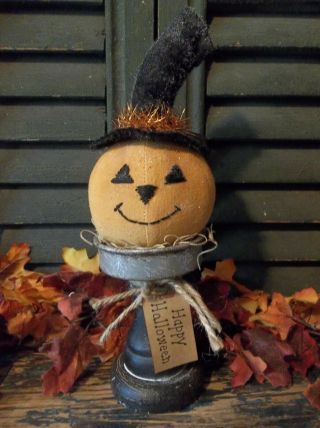 Primitive Handmade Jack - O - Lantern On Wood And Tin Pedestal - Halloween/fall
