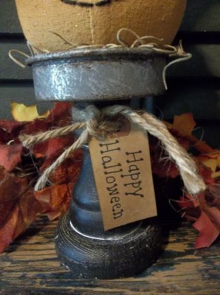 Primitive Handmade Jack - O - Lantern on Wood and Tin Pedestal - Halloween/Fall 3