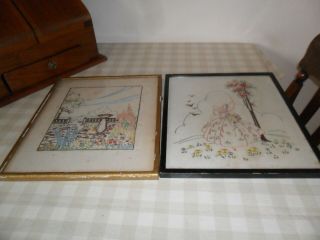 2 Vintage Embroiderd Pictures Crinoline Lady & Garden View