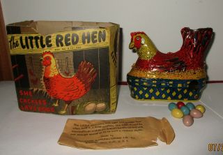 1930 Baldwin Mfg Co Little Red Hen Wind - Up Tin Red Toy Hen Lays Eggs Great