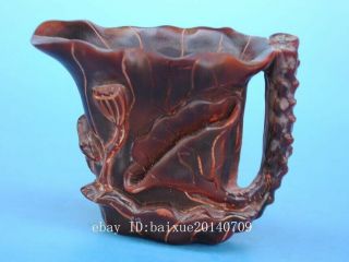 Old Chinese hand - carved fish lotus leaf horn carving cup d02 4