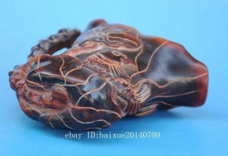 Old Chinese hand - carved fish lotus leaf horn carving cup d02 8