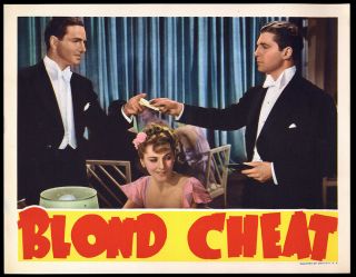 1938 Rko Films Lobby Card Joan Fontaine & Two Dapper Gents In Blond Cheat Fine,