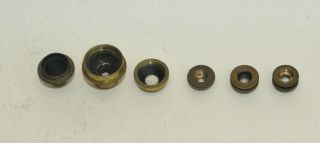 6 x old brass microscope lenses,  maybe for Culpeper etc. 4