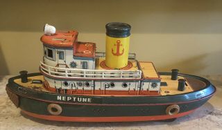 Vintage Antique Trade Mark Modern Toys Tin Neptune Tugboat Made In Japan 15”