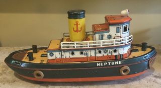 Vintage Antique Trade Mark Modern Toys Tin Neptune Tugboat Made In Japan 15” 2