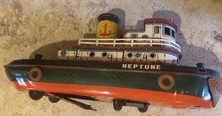Vintage Antique Trade Mark Modern Toys Tin Neptune Tugboat Made In Japan 15” 4