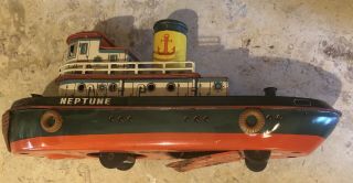 Vintage Antique Trade Mark Modern Toys Tin Neptune Tugboat Made In Japan 15” 5