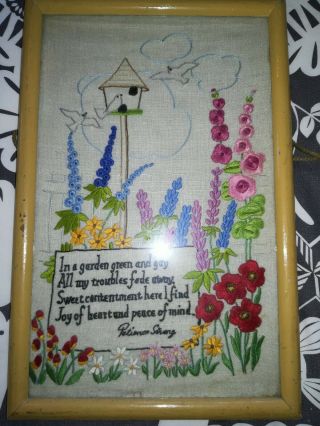 Vintage Framed Hand Embroidered Cottage Garden Picture Patience Strong Verse
